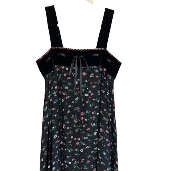 Vintage Velvet Trim Bow Front Floral Midi Dress Black Multi Cottagecore Feminine - Picture 2 of 7